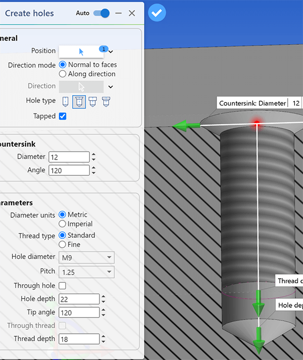 New Holes Command in DESIGNER 2025.2 with options for countersink, threading, hole depth, and improved precision for machining.