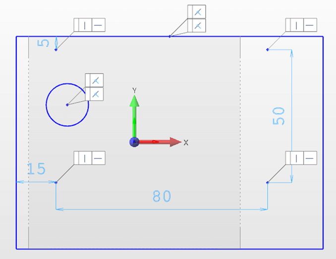 2D CAD drawing of a rectangular plate with dimensions, a circular cutout, and geometric tolerances labeled.