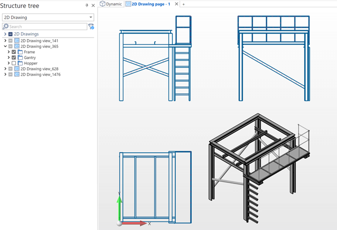 CAD interface displaying a structure tree and 2D/3D views of a platform with ladder and railing.