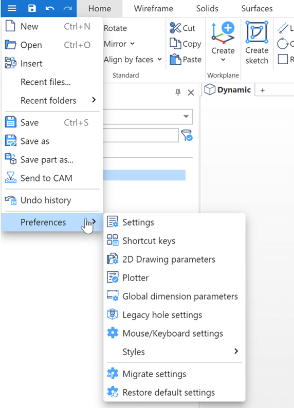 CAD software menu showing the Preferences dropdown with options for settings, shortcut keys, and global parameters.