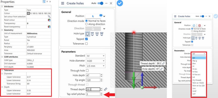 CAD software interface showing properties, hole creation settings, tolerances, and threading parameters highlighted.
