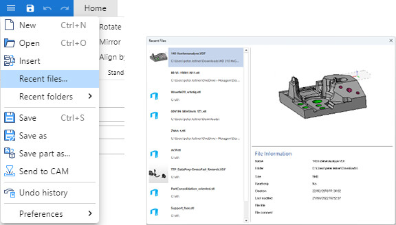 CAD software interface showing recent files menu with a 3D model preview and file details pane on the right.