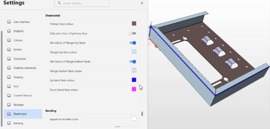 CAD software settings panel for sheet metal customization with a 3D model showing flange and bend face colors.