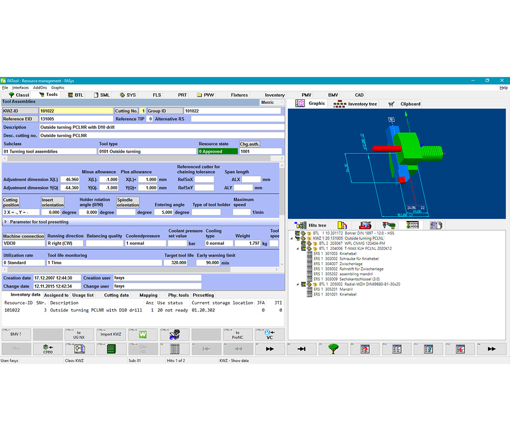 Screenshot der Produktionssoftware für die Werkzeugverwaltung FATool