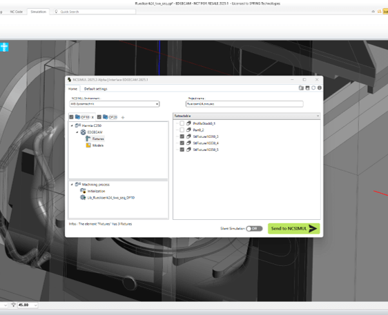 CAD software interface showing an NC simulation setup with toolpaths and machining processes for a 3D model.