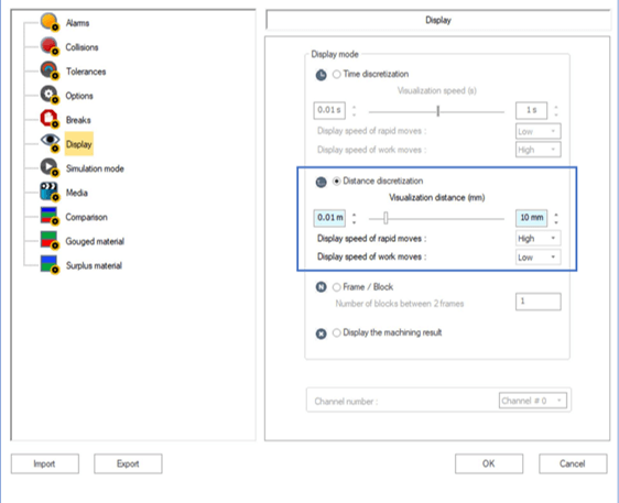 Settings panel showing "Display" options for CNC simulation, including time and distance discretization adjustments.