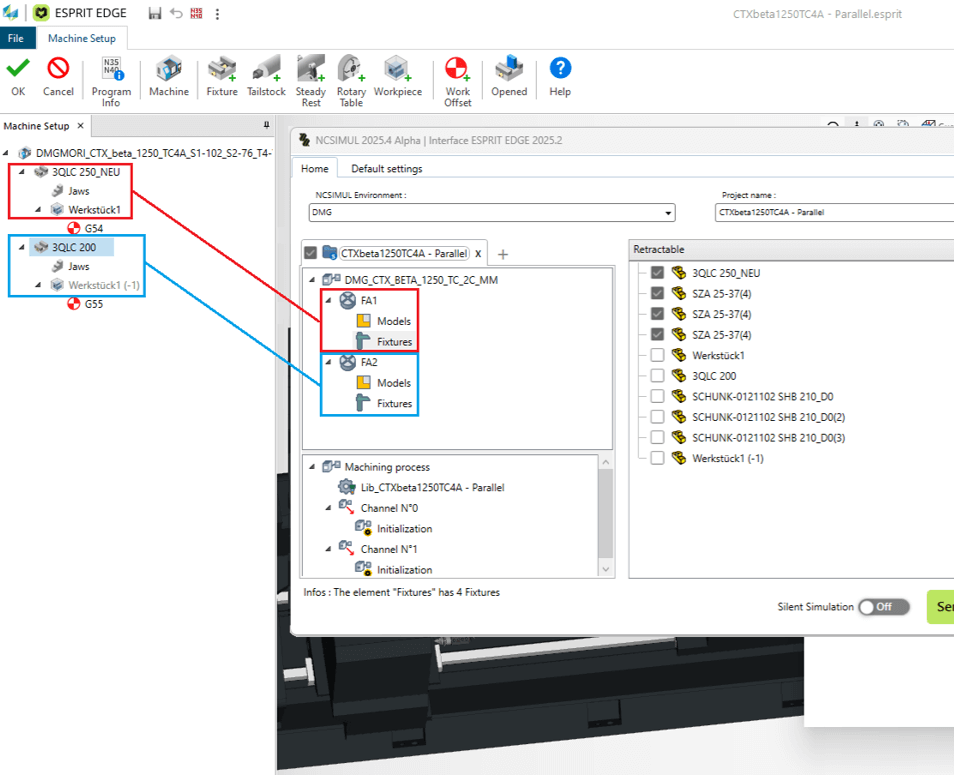 ESPRIT EDGE software interface showing machine setup with models, fixtures, and retractable elements.