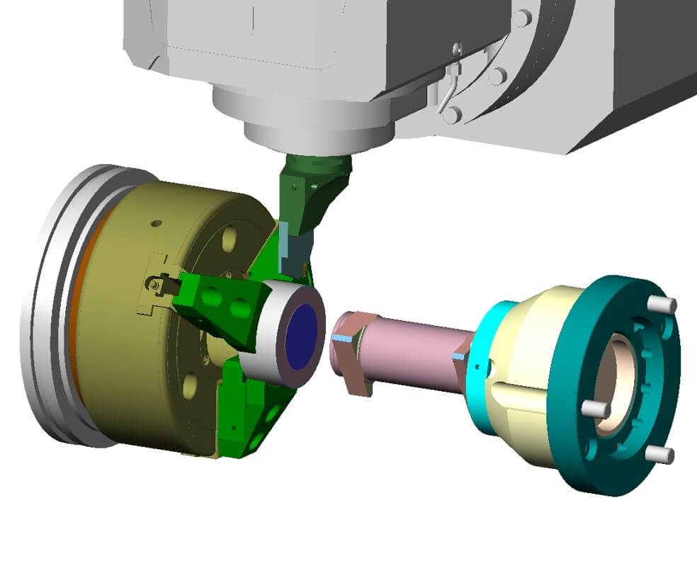 3D rendering of a CNC machine tool cutting a metal component, showing green, gold, and teal parts in detail.