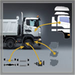 Graphic of a truck with arrows pointing to wheels and drivers cab