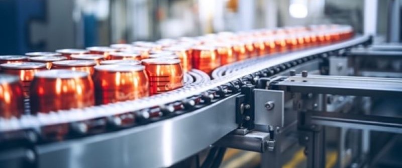 Orange cans lined up on a conveyor belt in factory
