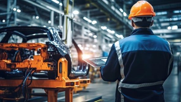 Man facin9g a car on an assembly line using an ipad
