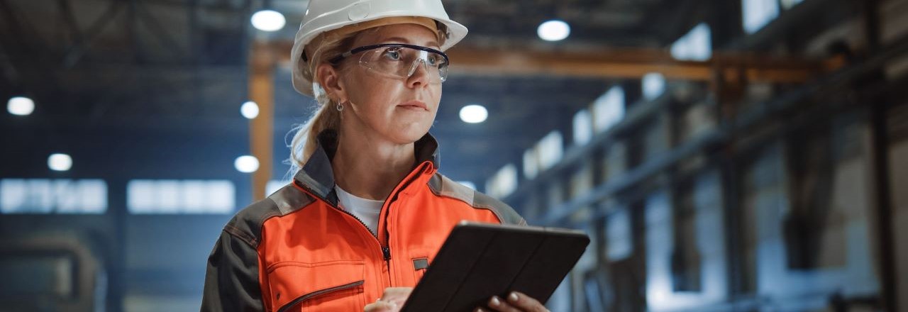 Woman in hard hat in industrial manufacturing setting using a table