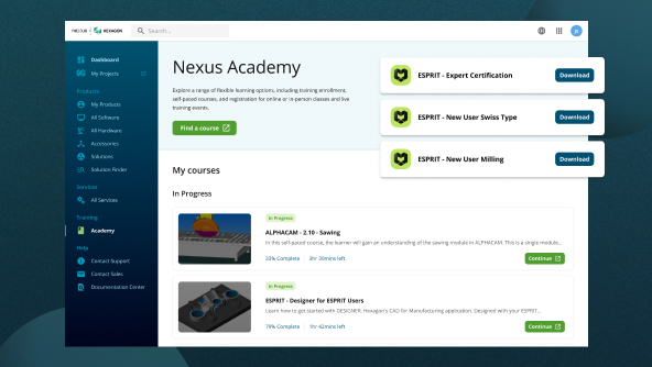 A screenshot of Hexagon's Nexus platform showing the CAD/CAM portfolio