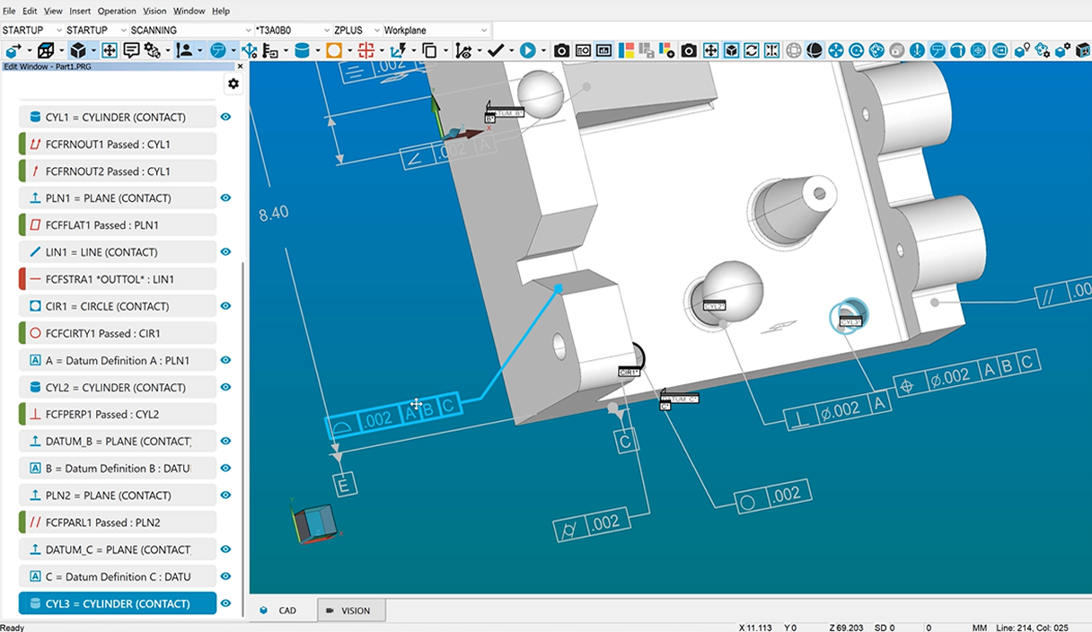A close up of an inspected part in PC-DMIS metrology software