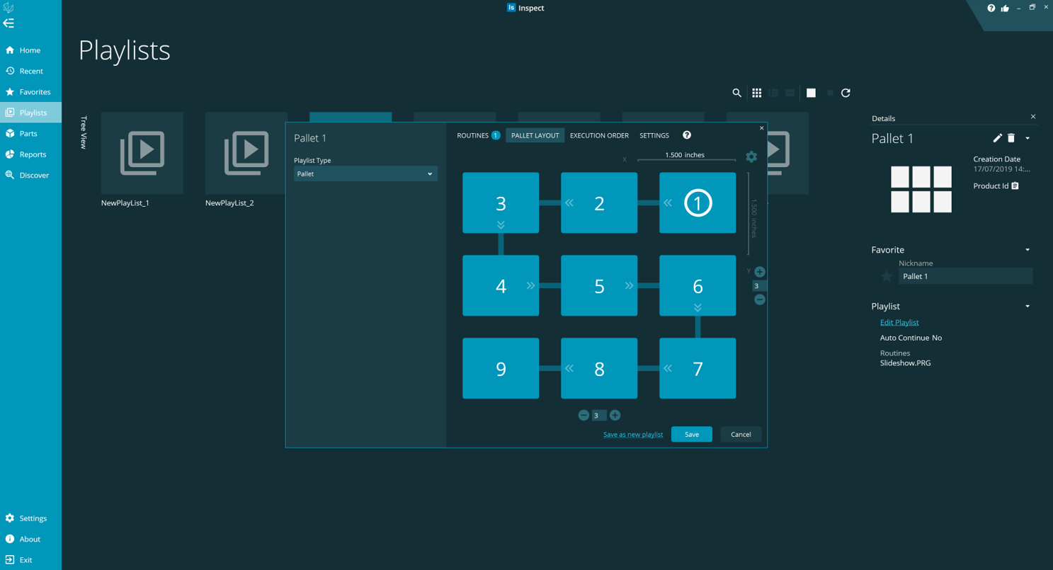 Dark interface of a playlist management tool showing a 3x3 pallet layout with numbered blue tiles and settings.