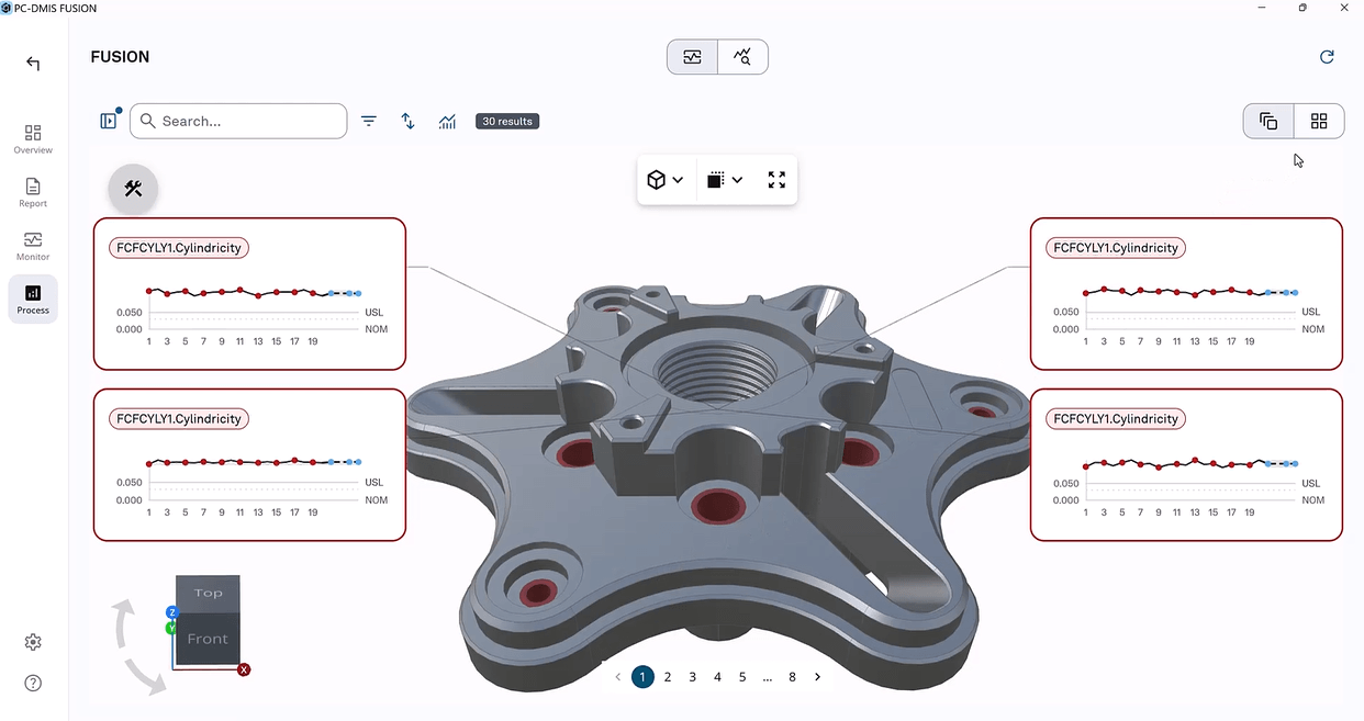 PC-DMIS FUSION-Benutzeroberfläche mit 3D-Hub-Modell und Zylindrizitätsdiagrammen mit der Bezeichnung „CFCYLY1.Cylindricity“, die USL/NOM-Trends darstellen