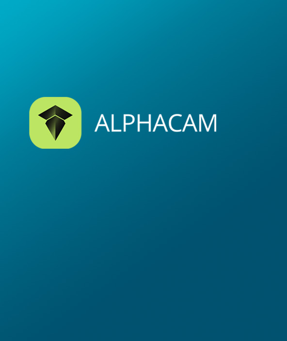 Fekete és zöld ALPHACAM ikon egy kék színátmenettel rendelkező kártya bal felső sarkában