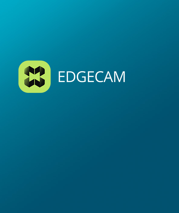 Fekete és zöld EDGECAM ikon egy kék színátmenetes kártya bal felső sarkában