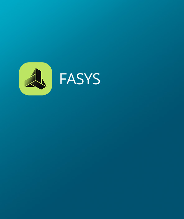 青のグラデーションのカードの左上隅に配置された黒と緑の FASYS アイコン