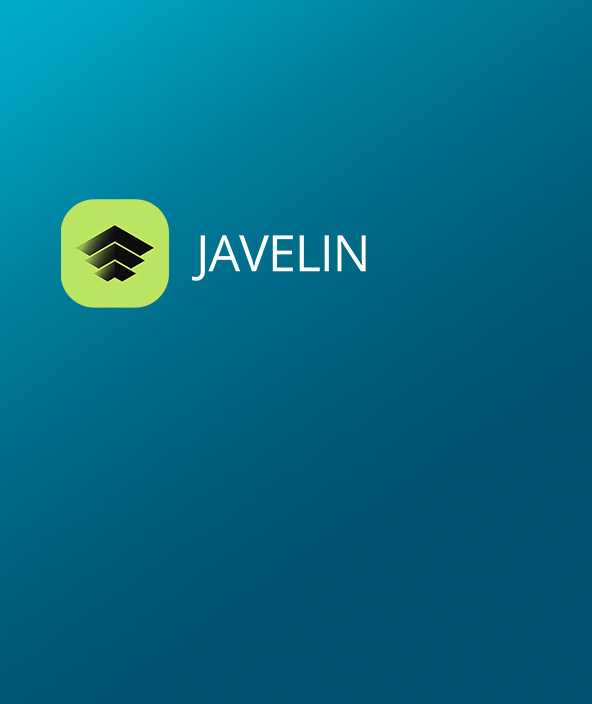 JAVELIN icon in black and green positioned in the top left corner of a card with a blue gradient