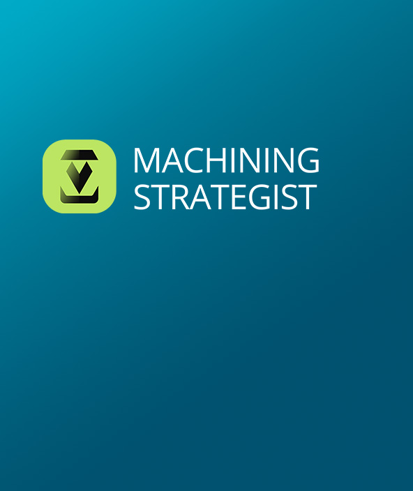 MACHINING STRATEGIST icon in black and green positioned in the top left corner of a card with a blue gradient