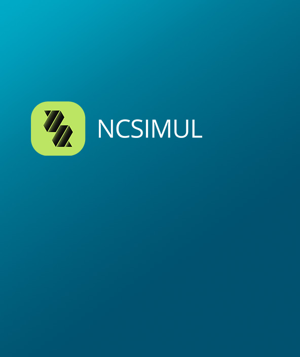 Ícone NCSIMUL em preto e verde posicionado no canto superior esquerdo de um cartão com gradiente azul