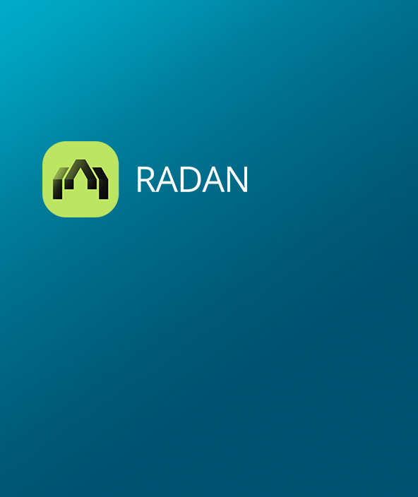 RADAN icon in black and green positioned in the top left corner of a card with a blue gradient
