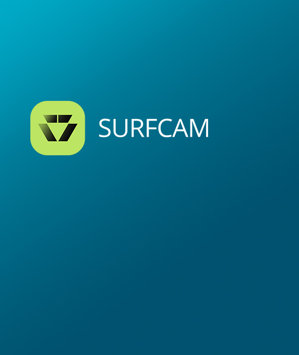 SURFCAM-ikonen i svart och grönt placerad i det övre vänstra hörnet av ett kort med en blå gradient