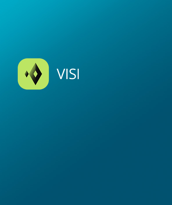 Ícone VISI em preto e verde posicionado no canto superior esquerdo de um cartão com gradiente azul