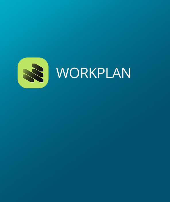 WORKPLAN icon in black and green positioned in the top left corner of a card with a blue gradient