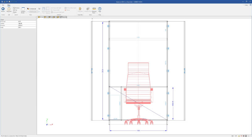 drawing elevation of a chair in front of a tall cabinet