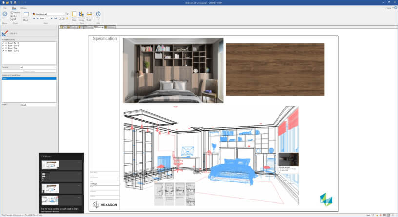 cabinet vision interface showing bedroom interior cad drawing alongside 3d rendering image with wood sample