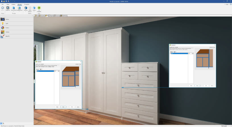 cabinet vision interface showing rendered room and door reveal shown on drawing