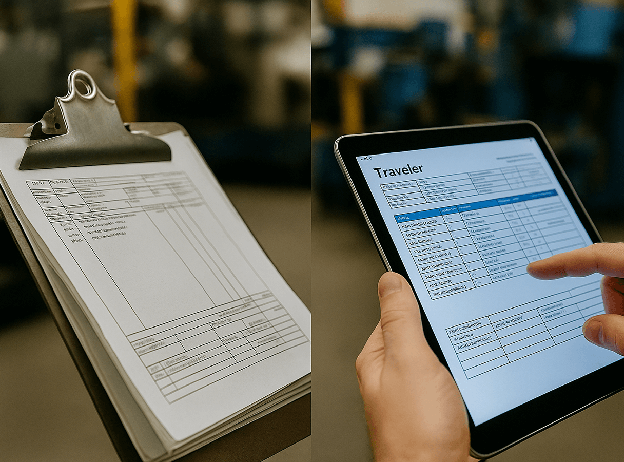 Outdated paper traveller vs digital workflow on tablet.