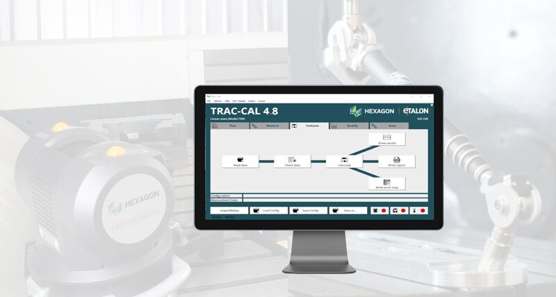Una pantalla de ordenador que muestra el software de medición utilizado en las máquinas-herramienta. La imagen de fondo se difumina y muestra un instrumento de calibración láser.