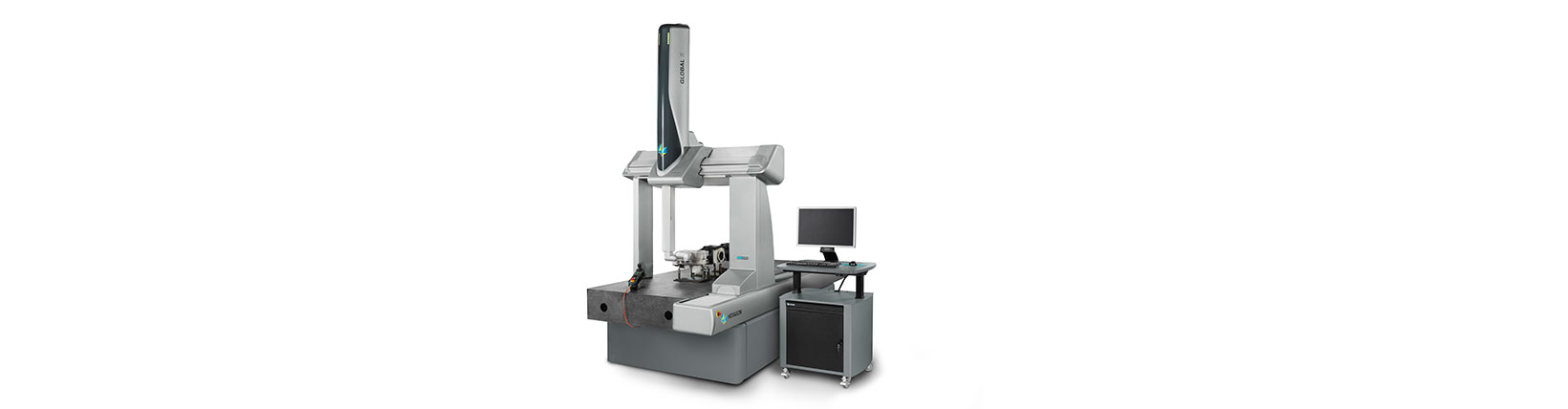 A coordinate measuring machine on a white background with a computer monitor next to it