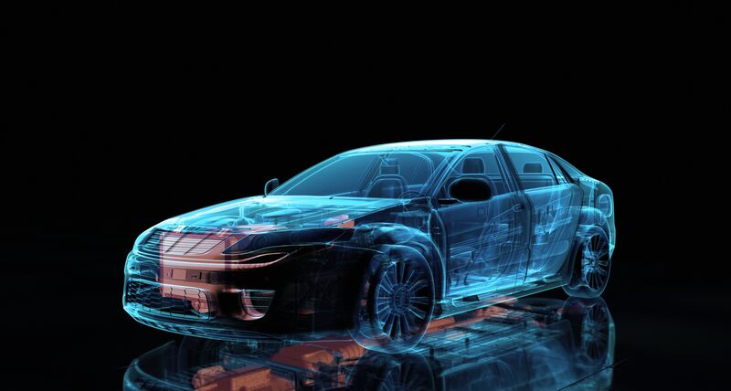An x-ray style image of a car where the internal workings of the car can be seen such as the engine and powertrain. 