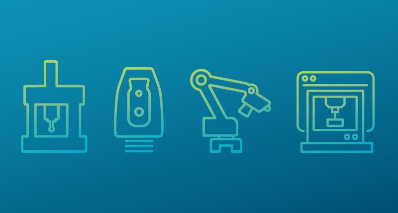 Vier pictogrammen van een CMM, lasertracker, mobiele meetarm en een CNC-machine voor de assetmanagementoplossing van Hexagon