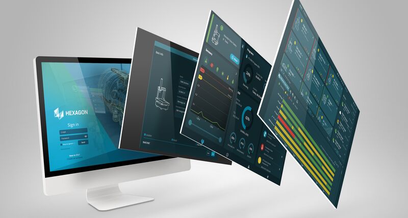 Ein Computermonitor, der den Anmeldebildschirm für die Asset-Management-Software von Hexagon anzeigt. Screenshots anderer Funktionen kommen aus dem Bildschirm.