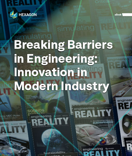 A cover image for Hexagon's breaking barriers in engineering ebook. The image shows previous covers of Engineering Reality magazine.