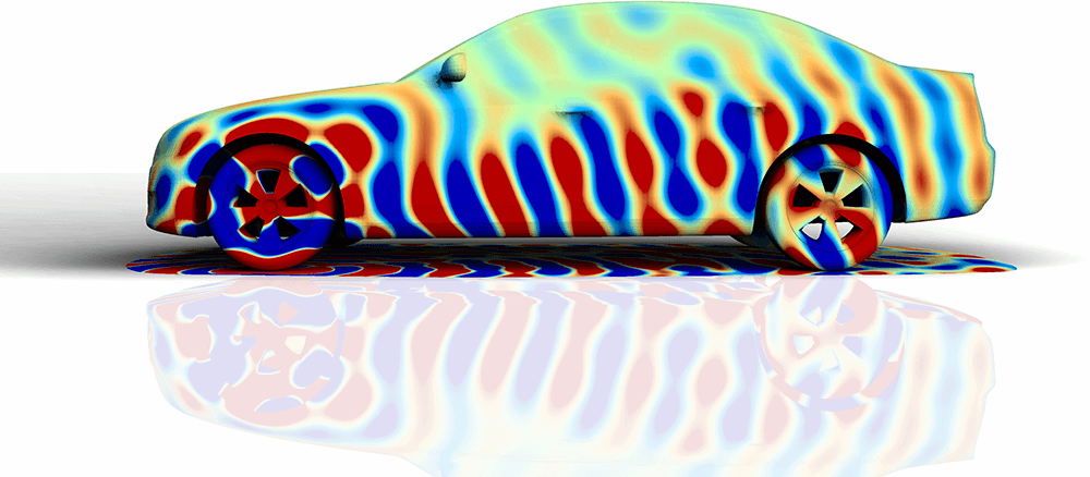 Imagen lateral del ruido externo de los neumáticos generada con scPost. Simulación con Actran
