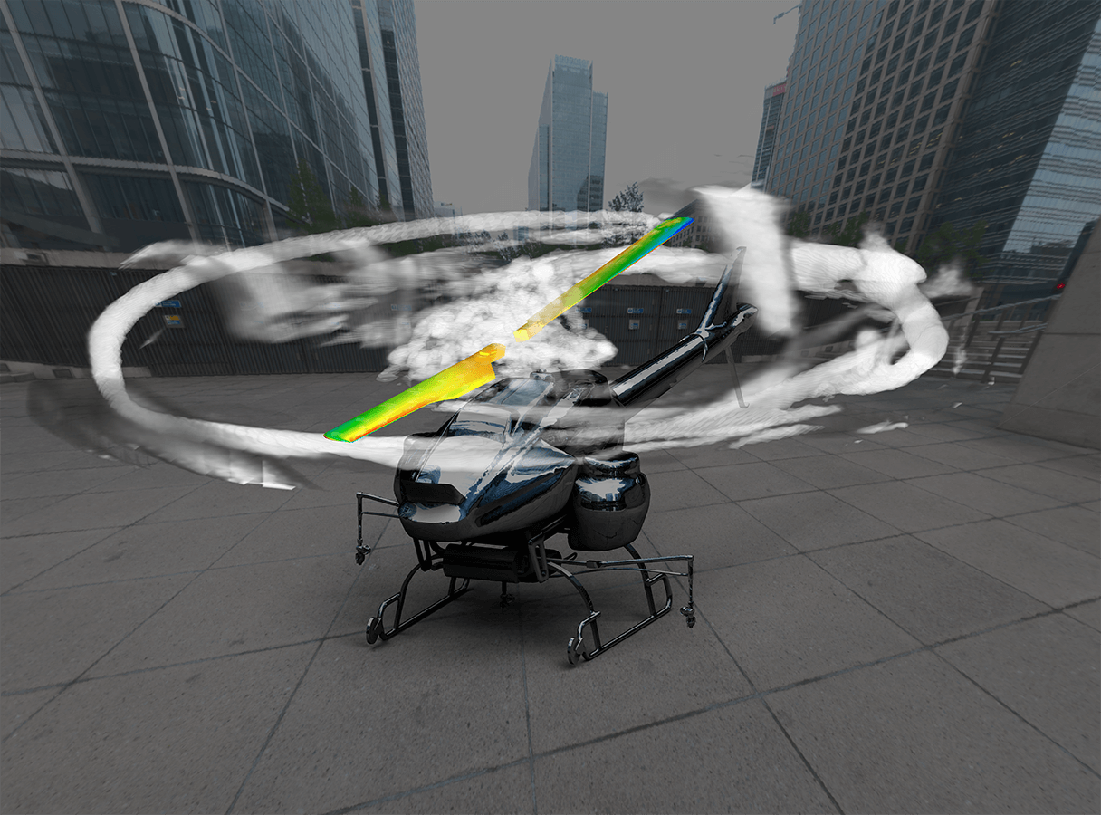 Riproduzione di un drone elicottero, che comprende la fluidodinamica, lo spostamento strutturale e l'acustica