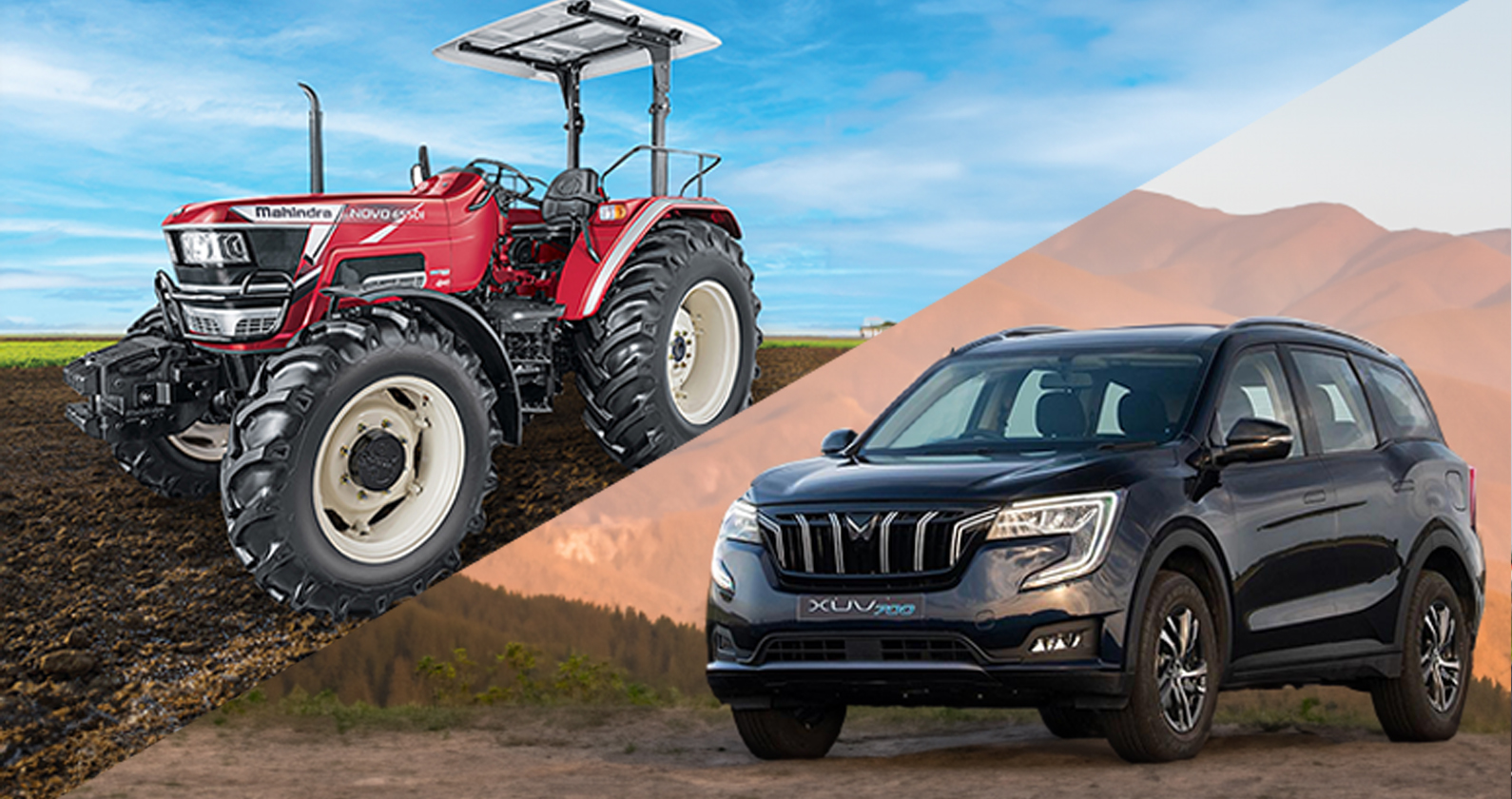 Diagonally split screen depicting two Mahindra vehicles: a black SUV and a red tractor