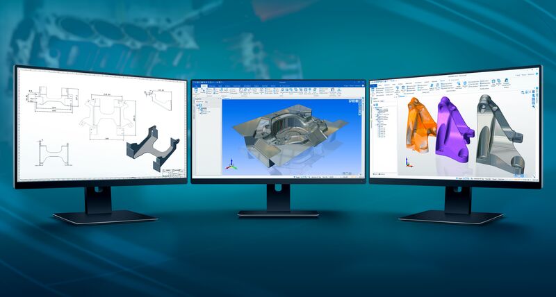 Tre monitor di computer che mostrano le diverse fasi di progettazione dello sviluppo del prodotto utilizzando il software CAD CAM DESINGER di Hexagon