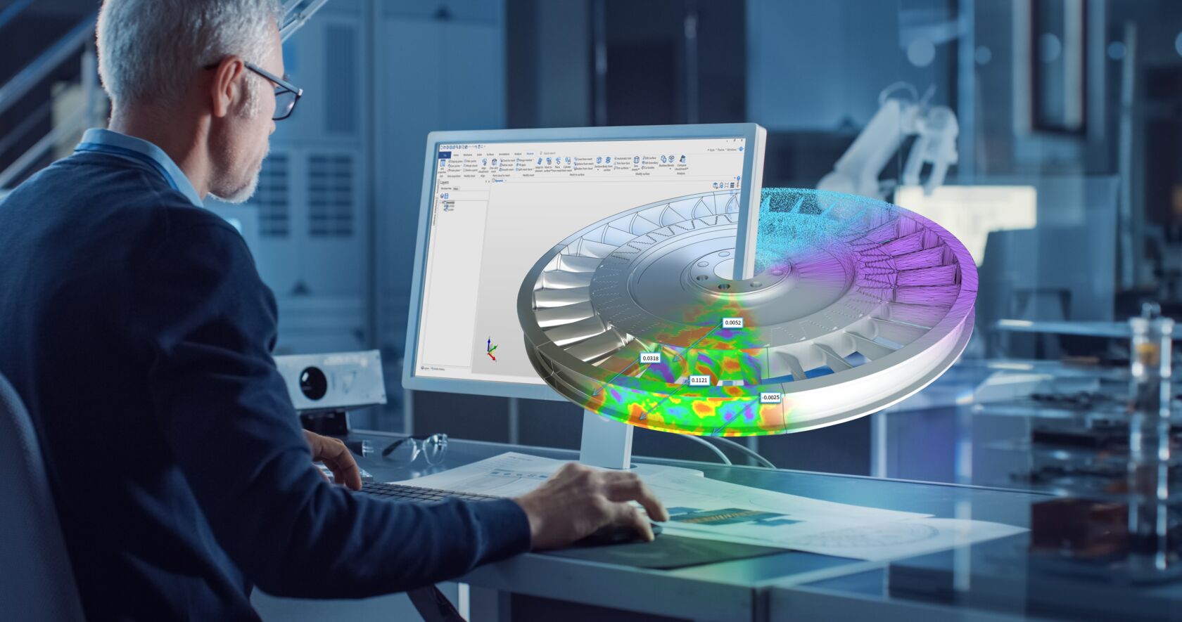 Íróasztalnál ülő férfi, aki a Hexagon REcreate reverse engineering szoftverét használja, a képernyőn turbina látható.