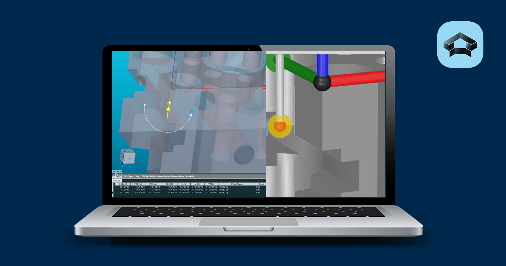 Laptop displaying Hexagon CAD/CAM interface with 3D machining model, circular motion paths, and colored axes