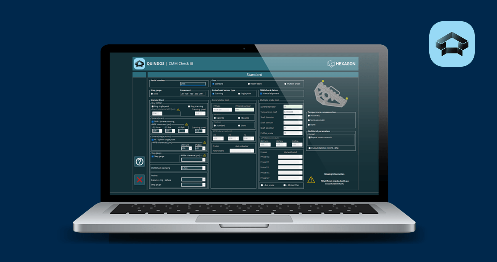Laptop displaying Hexagon QUINDOS CMM Check II interface with machine monitoring panels on dark blue background