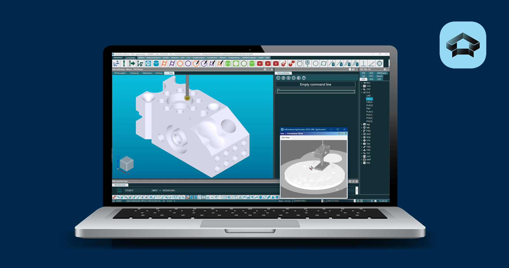 Laptop showing Hexagon MI QUINDOS CAD/CNC interface modeling a machined part with rotary table simulation