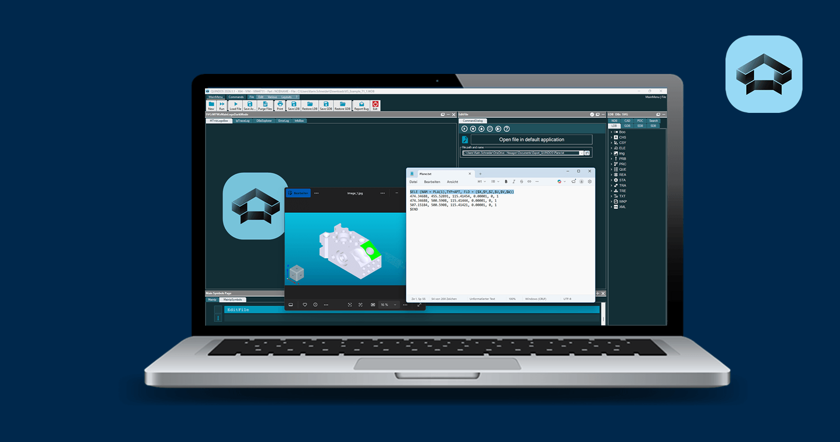 Laptop displaying QUINDOS software with 3D model viewer, file browser, and text editor on dark blue background