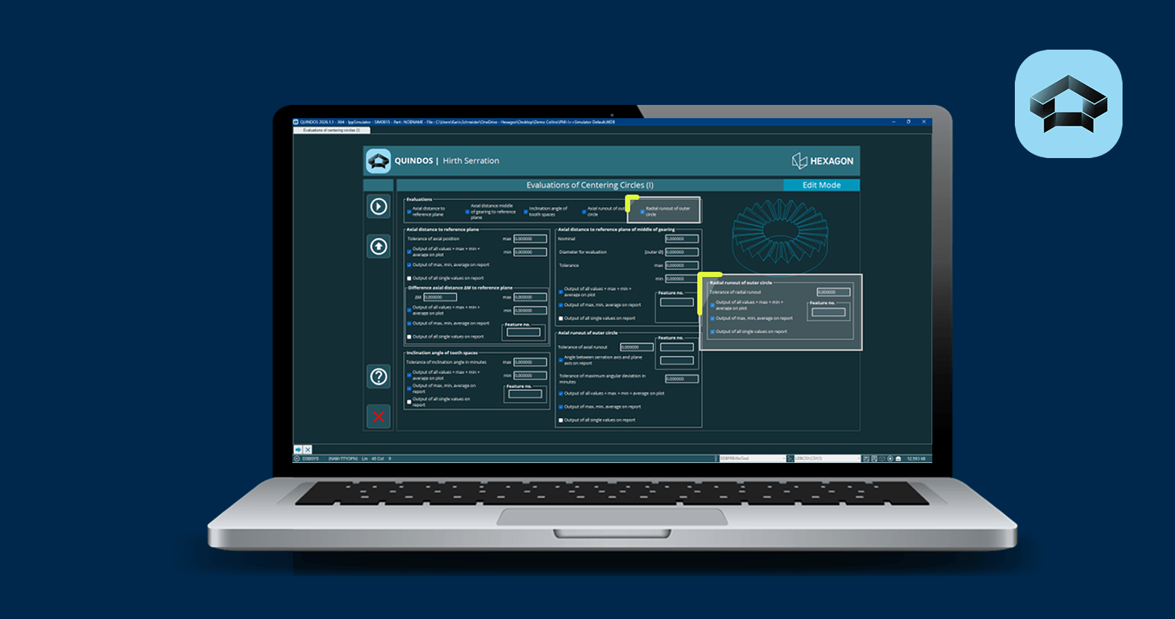 Laptop on blue background displaying QUINDOS Shaft Simulation UI with centering circle evaluation panels